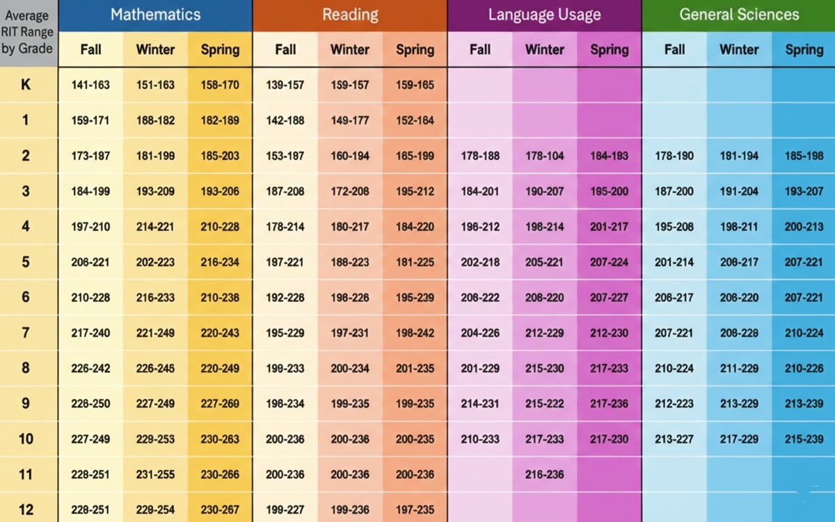 nwea map test scores by grade level chart table