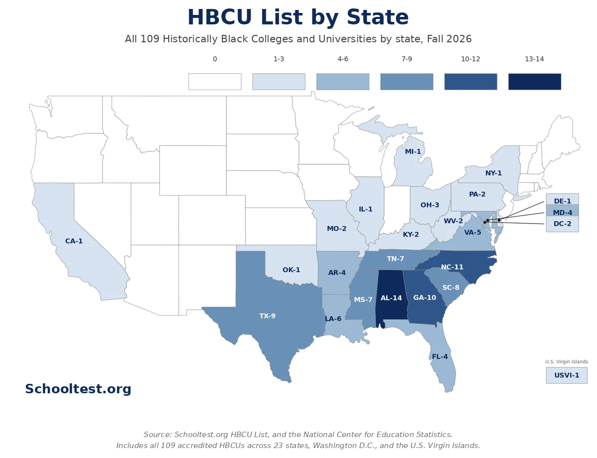 Map of all 109 Historically Black Colleges and Universities by state, Fall 2026